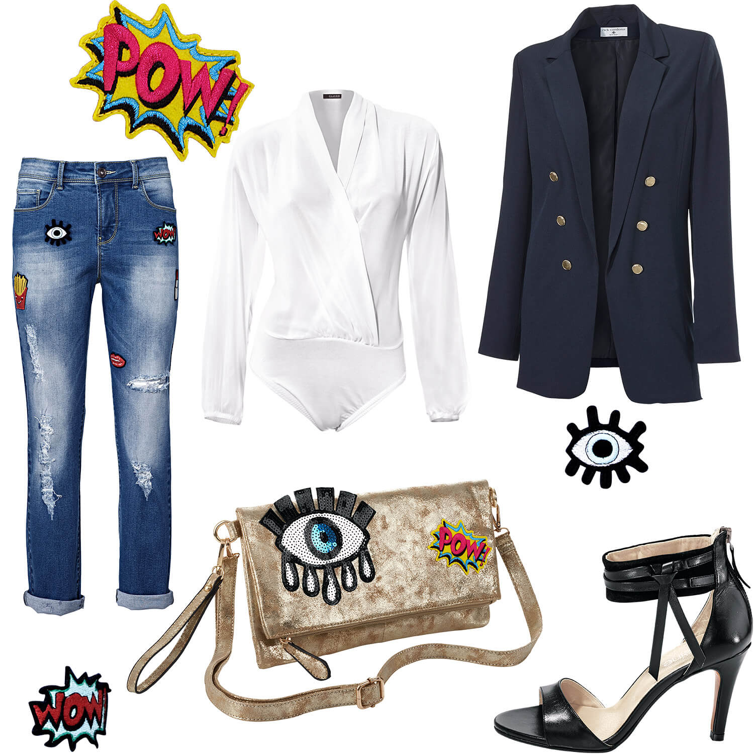 Outfit Patches - Jeans und Clutch mit Aufnäher